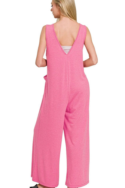 Fuchsia Zenana French Terry deep V-neck jumpsuit with long sleeves and relaxed fit, casual and comfortable women's fashion outfit.