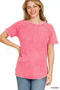 Fuchsia Zenana French Terry Washed Curved Hem Top with relaxed fit and curved hem, casual stylish women's top by Trendsi.