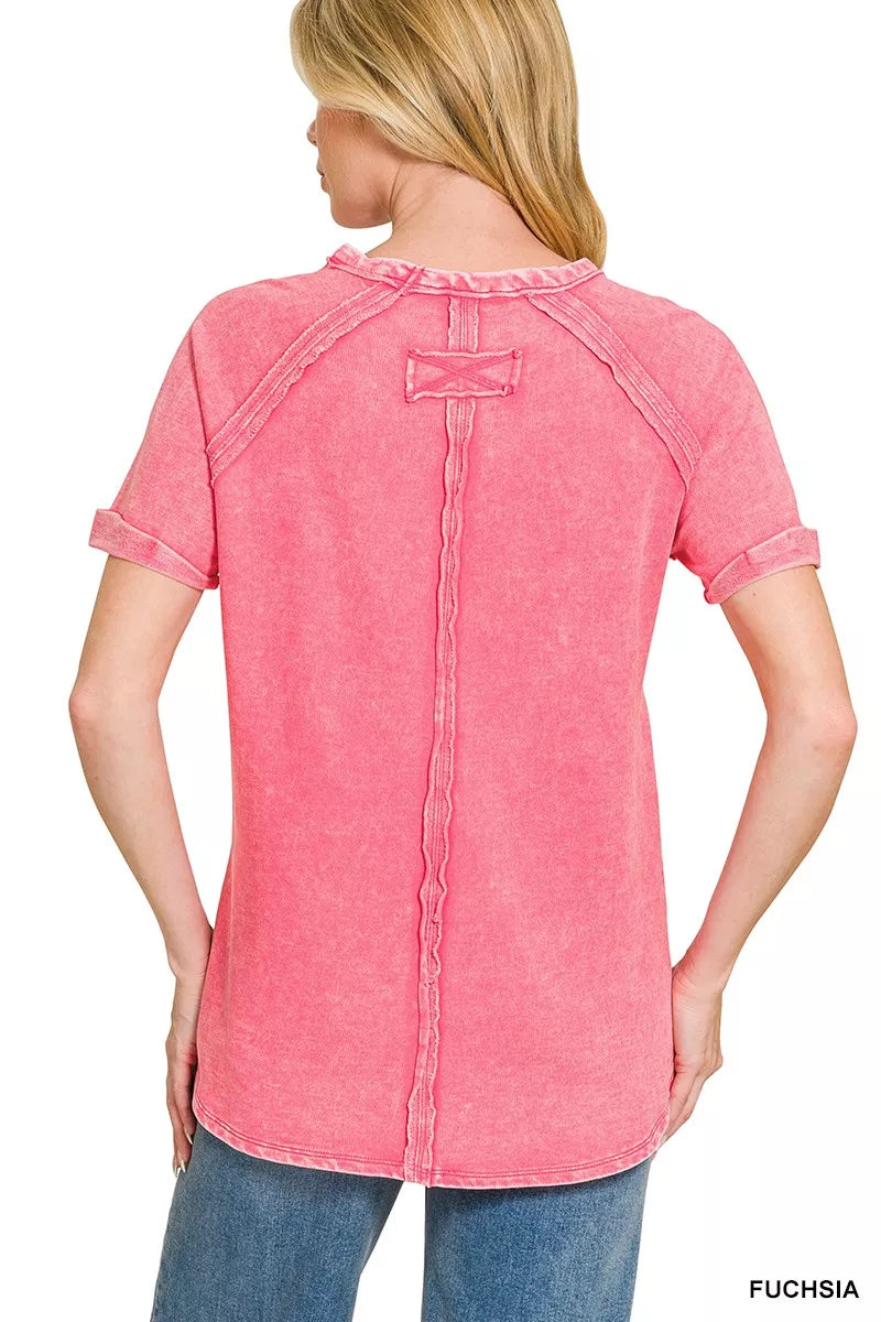 Fuchsia Zenana French Terry washed curved hem top with long sleeves and relaxed fit, casual stylish women's clothing.