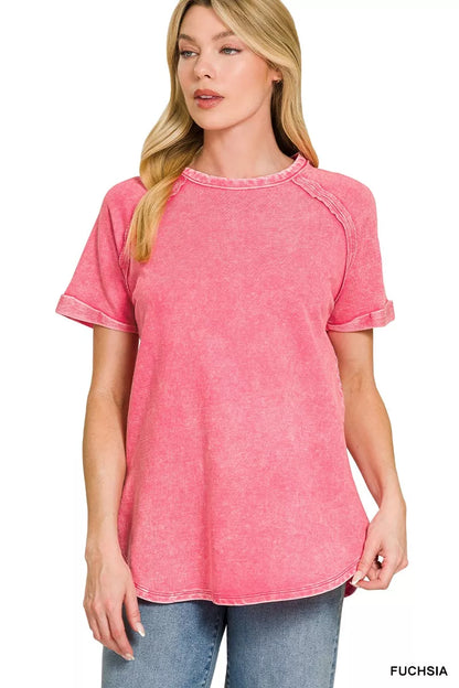 Fuchsia Zenana French Terry washed curved hem top with long sleeves and relaxed fit, casual style for comfortable everyday wear.