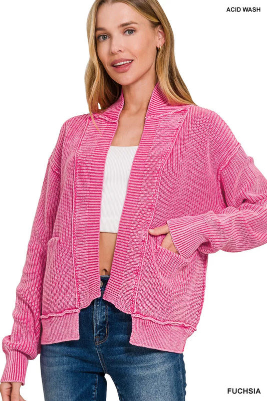 Fuchsia Zenana washed dropped shoulder cardigan with side pockets, featuring a relaxed fit and casual style.