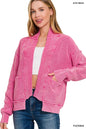 Fuchsia Zenana washed dropped shoulder cardigan with side pockets, featuring a relaxed fit and casual style.