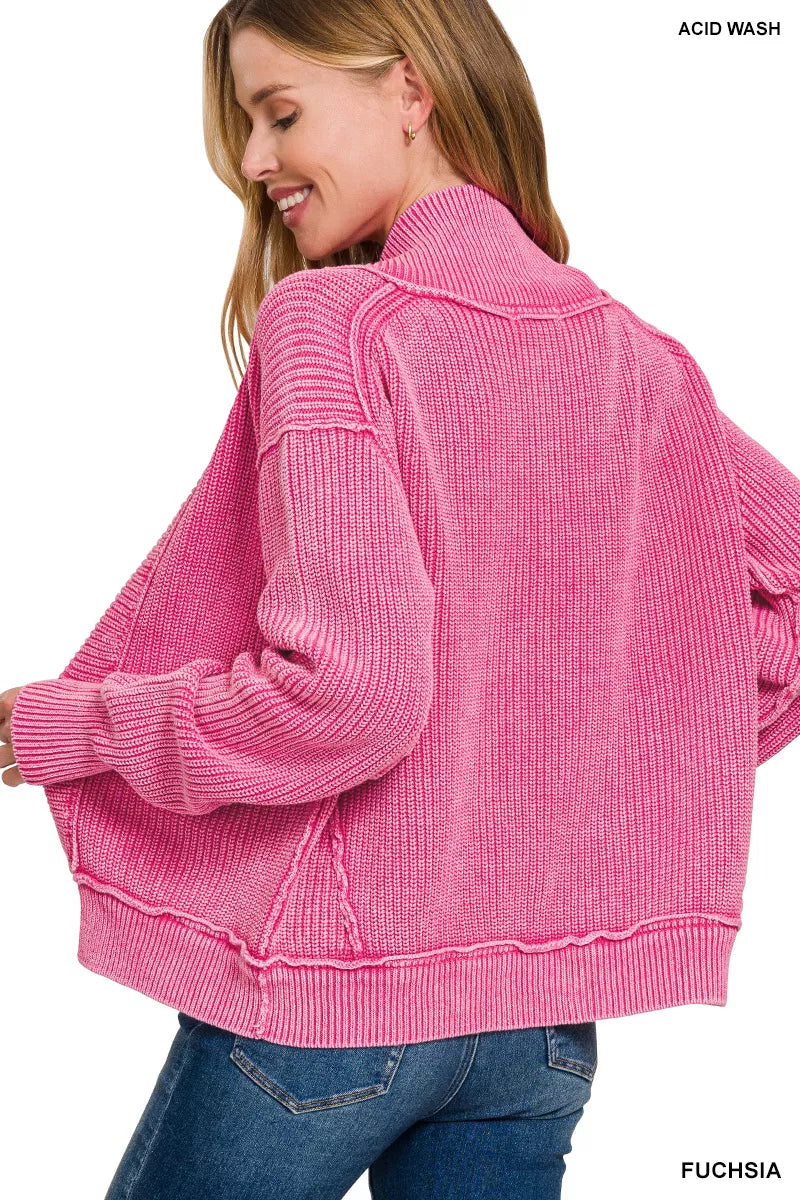 Fuchsia Zenana washed dropped shoulder cardigan with side pockets, casual knitwear, relaxed fit, and cozy style.