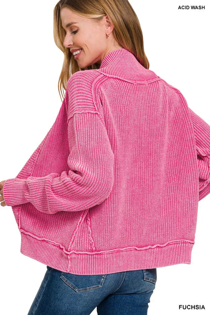 Fuchsia Zenana washed dropped shoulder cardigan with side pockets, casual knitwear, relaxed fit, and cozy style.