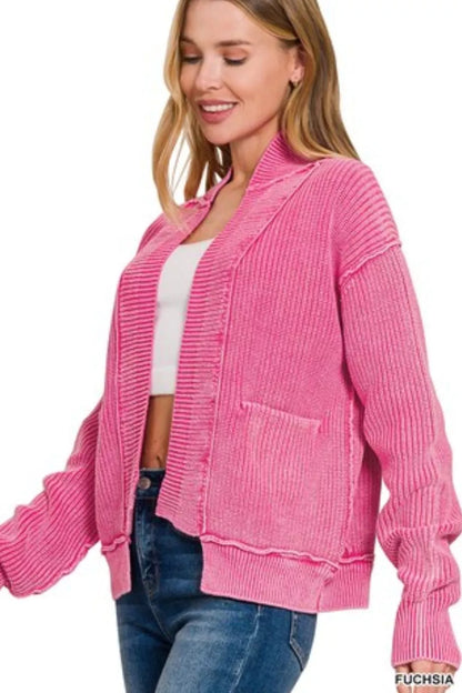 Fuchsia Zenana washed dropped shoulder cardigan with side pockets, casual knit sweater from Trendsi, styled with rolled sleeves.