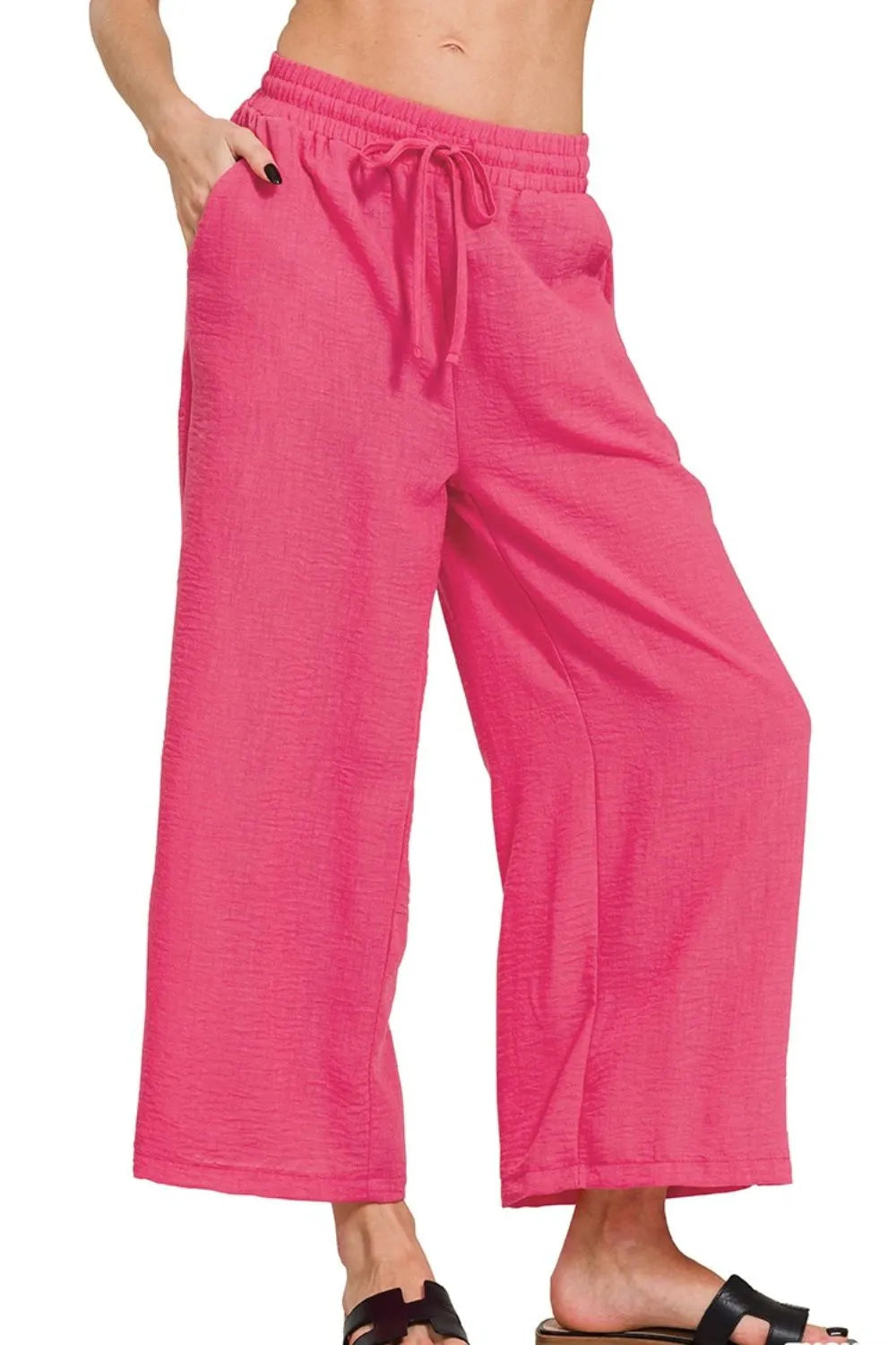 Fuchsia Zenana woven crepe cropped pants with elastic waistband and elastic band, stylish and comfortable for casual wear