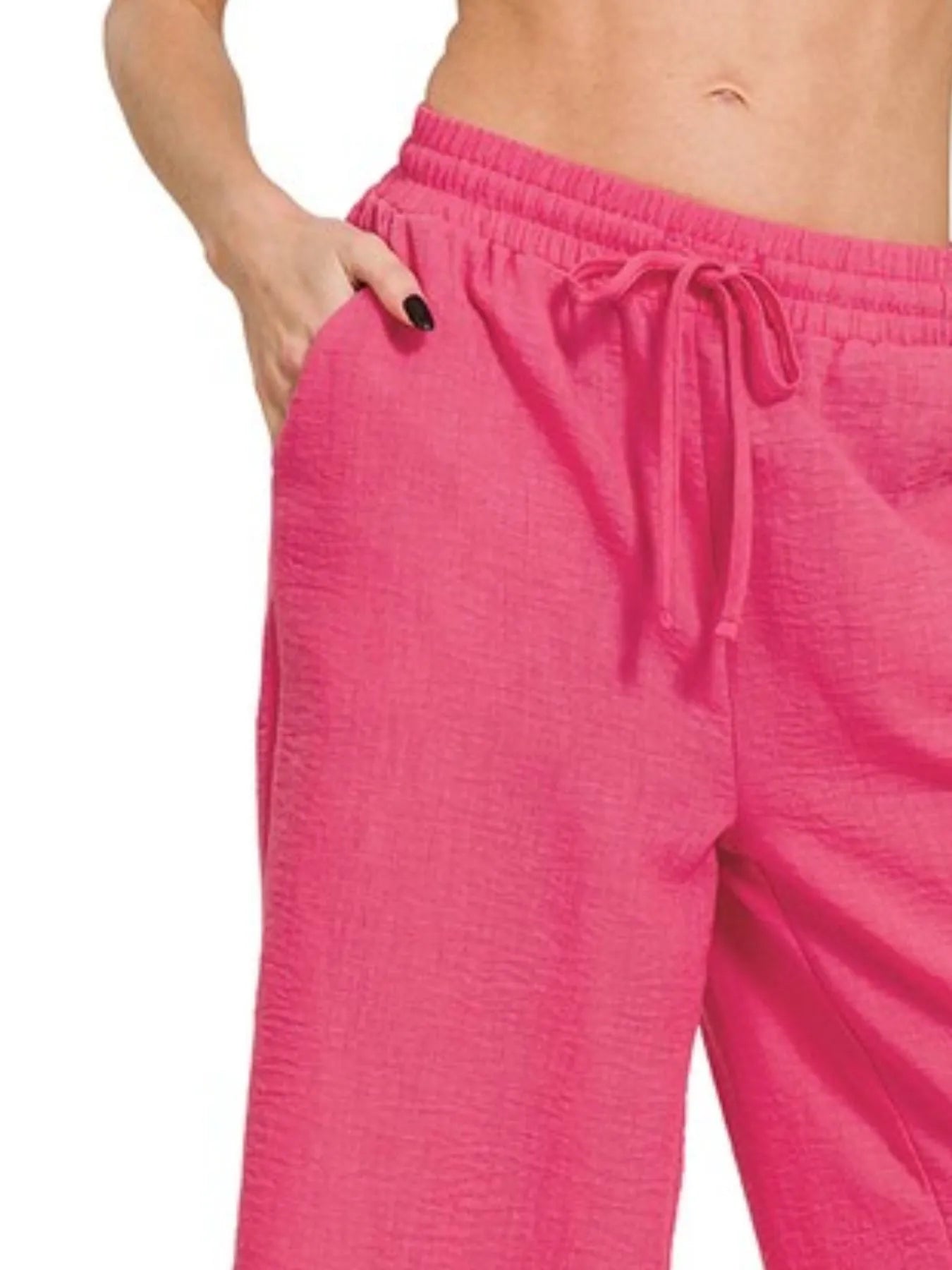 Fuchsia Zenana woven crepe cropped pants with elastic waistband and relaxed fit, featuring a stylish and comfortable design.