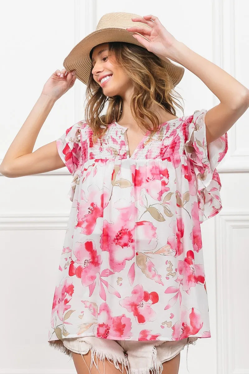 Fuchsia and white floral print flutter sheer top by Trendsi, lightweight and breezy with a feminine, flowy silhouette.