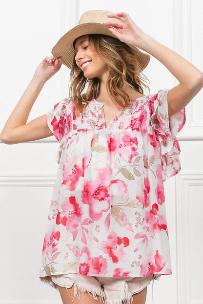 Fuchsia and white floral print flutter sheer top by Trendsi, lightweight and breezy with a feminine, flowy silhouette.