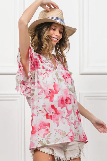 Fuchsia and white floral print flutter sheer top by Trendsi, lightweight and flowy with delicate fabric and feminine design.