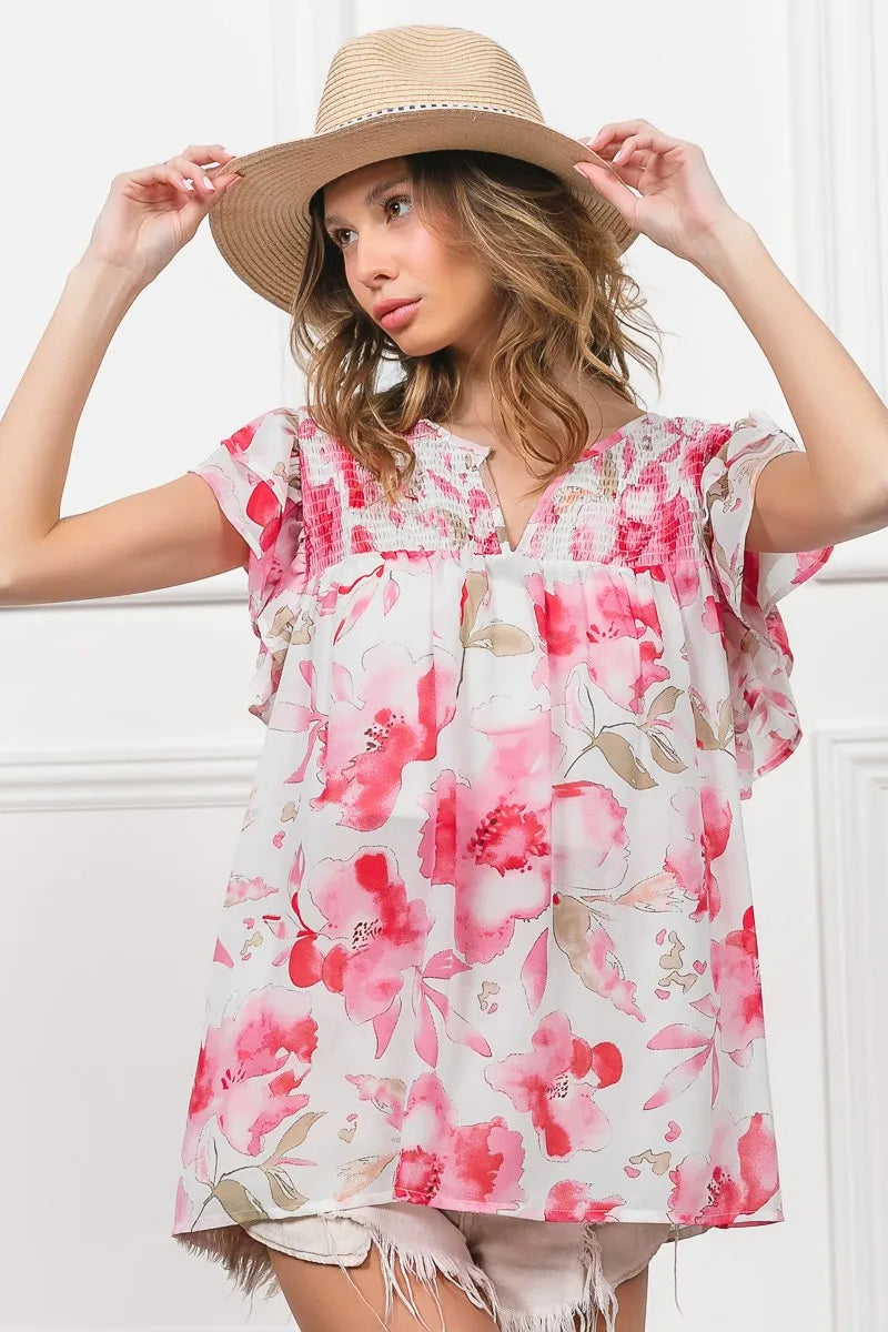 Fuchsia and white floral print flutter sheer top by Trendsi featuring lightweight, flowy fabric and feminine design.
