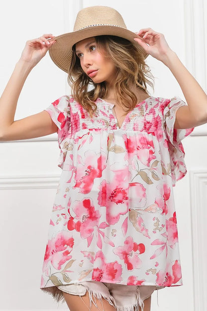 Fuchsia and white floral print flutter sheer top by Trendsi featuring lightweight, flowy fabric and feminine design.