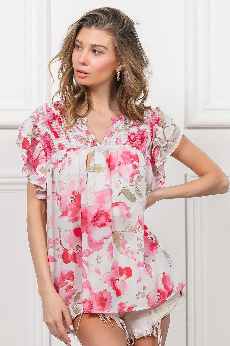 Fuchsia and white floral print flutter sheer top by Trendsi, lightweight and flowy with a feminine design.