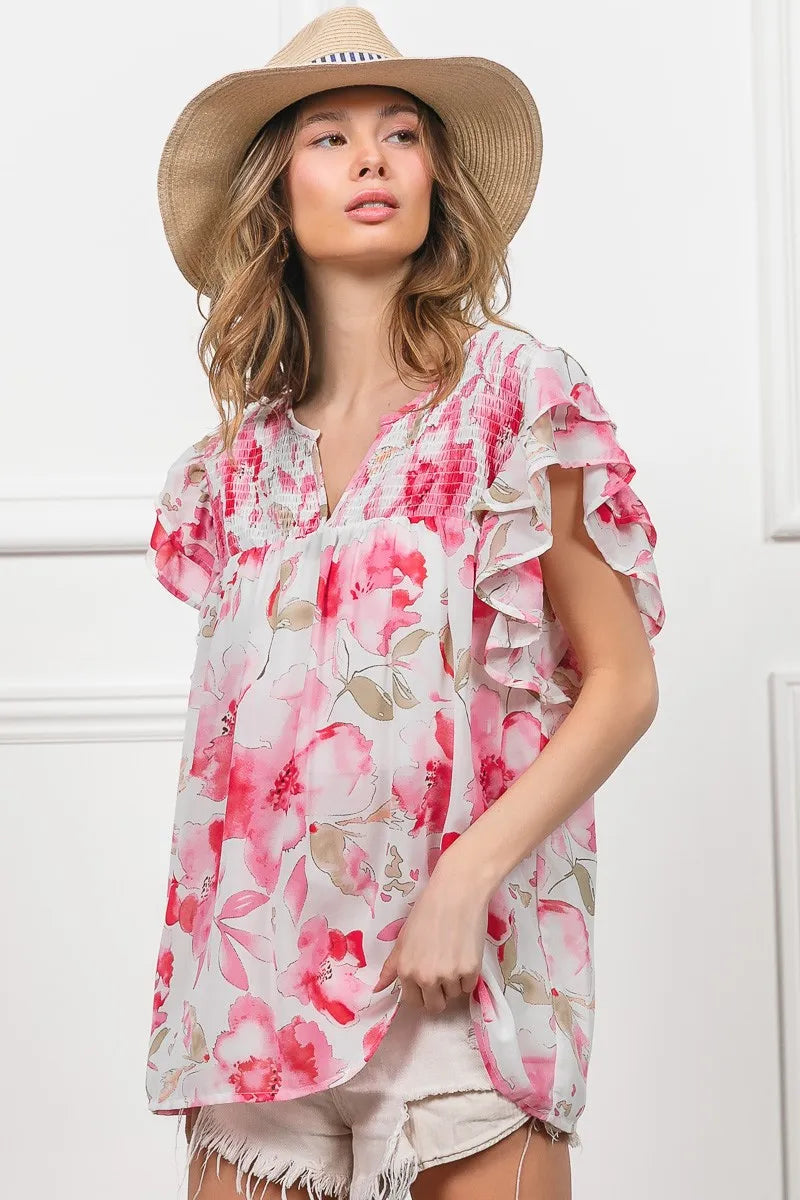 Fuchsia and white floral print flutter sheer top from Trendsi, lightweight and stylish with a flowy, feminine design.