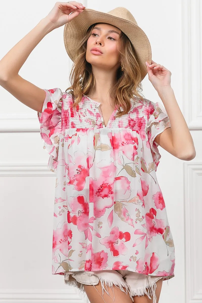 Fuchsia and white floral print flutter sheer top by Trendsi, lightweight fabric with a flowy, feminine design.