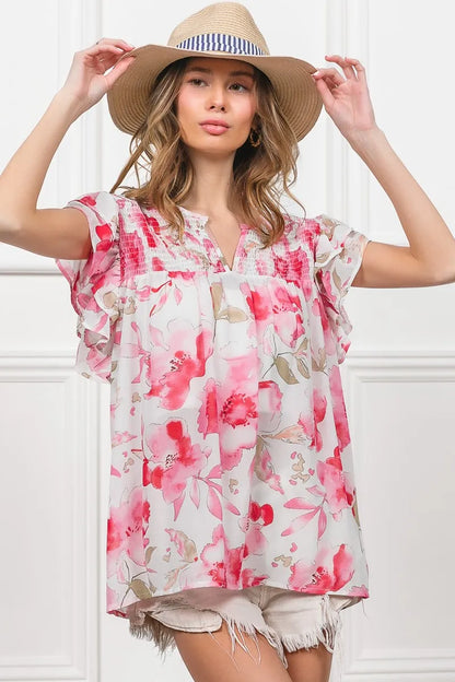 Fuchsia and white floral print flutter sheer top from Trendsi with lightweight, airy fabric and feminine design.