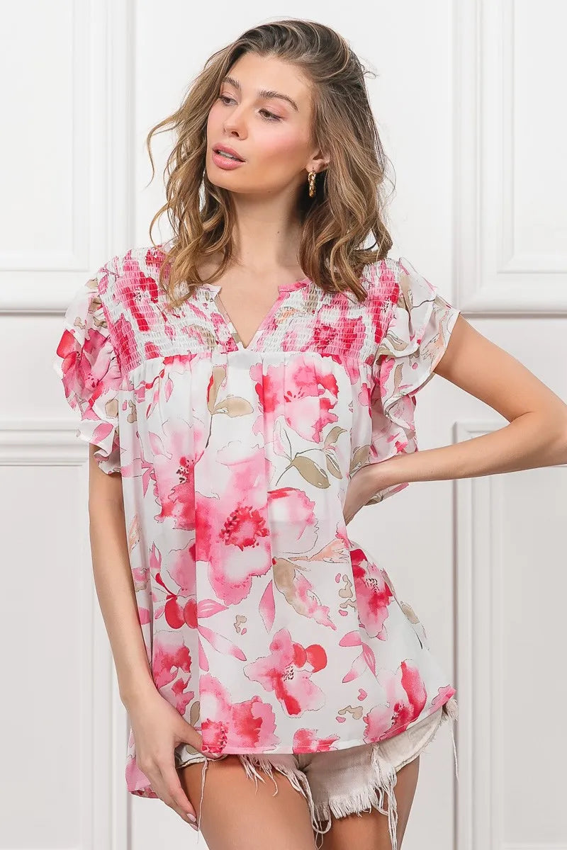 Fuchsia and white floral print flutter sheer top by Trendsi with lightweight, airy fabric and feminine design.