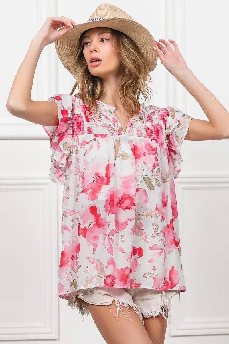 Fuchsia and white floral print flutter sheer top by Trendsi, featuring lightweight fabric and delicate design details.