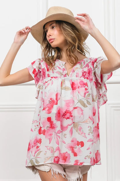 Fuchsia and white floral print flutter sheer top by Trendsi, featuring lightweight fabric and ruffled sleeves.