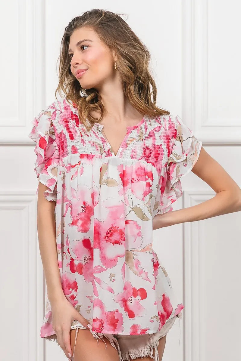 Fuchsia and white floral print flutter sheer top by Trendsi, lightweight with a flowy, feminine design and delicate fabric.