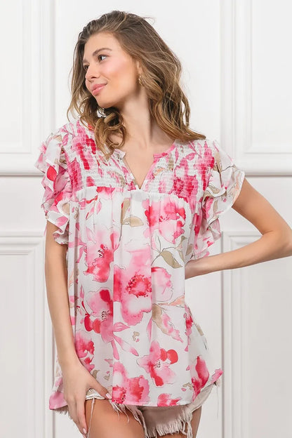 Fuchsia and white floral print flutter sheer top by Trendsi, lightweight with a flowy, feminine design and delicate fabric.