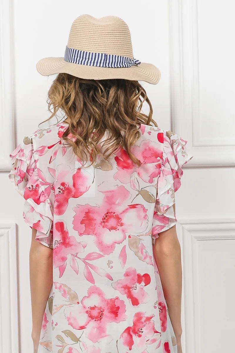 Fuchsia and white floral print flutter sheer top by Trendsi, lightweight, feminine design with soft fabric and delicate ruffle details.