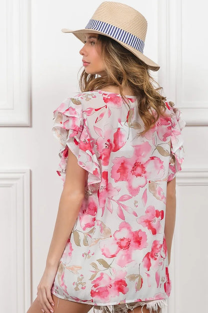 Fuchsia and white floral print flutter sheer top by Trendsi featuring lightweight, flowy fabric and feminine design.