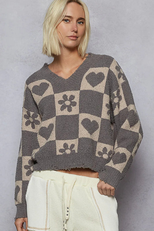 Grey and beige V-neck sweater by Trendsi featuring a heart pattern and checkered design, cozy and stylish for casual wear.