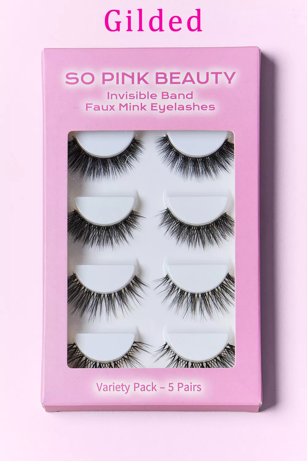 Trendsi SO PINK BEAUTY faux mink eyelash variety pack with five pairs, showcasing natural, full lash designs for a glamorous look.