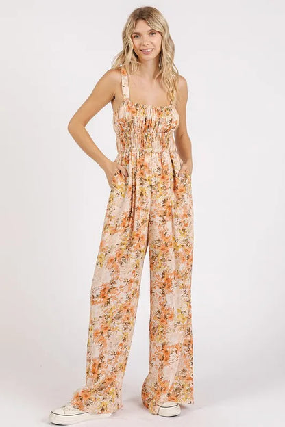 Flower print sleeveless jumpsuit with gathered bust design by Mittoshop, featuring a stylish and comfortable fit.