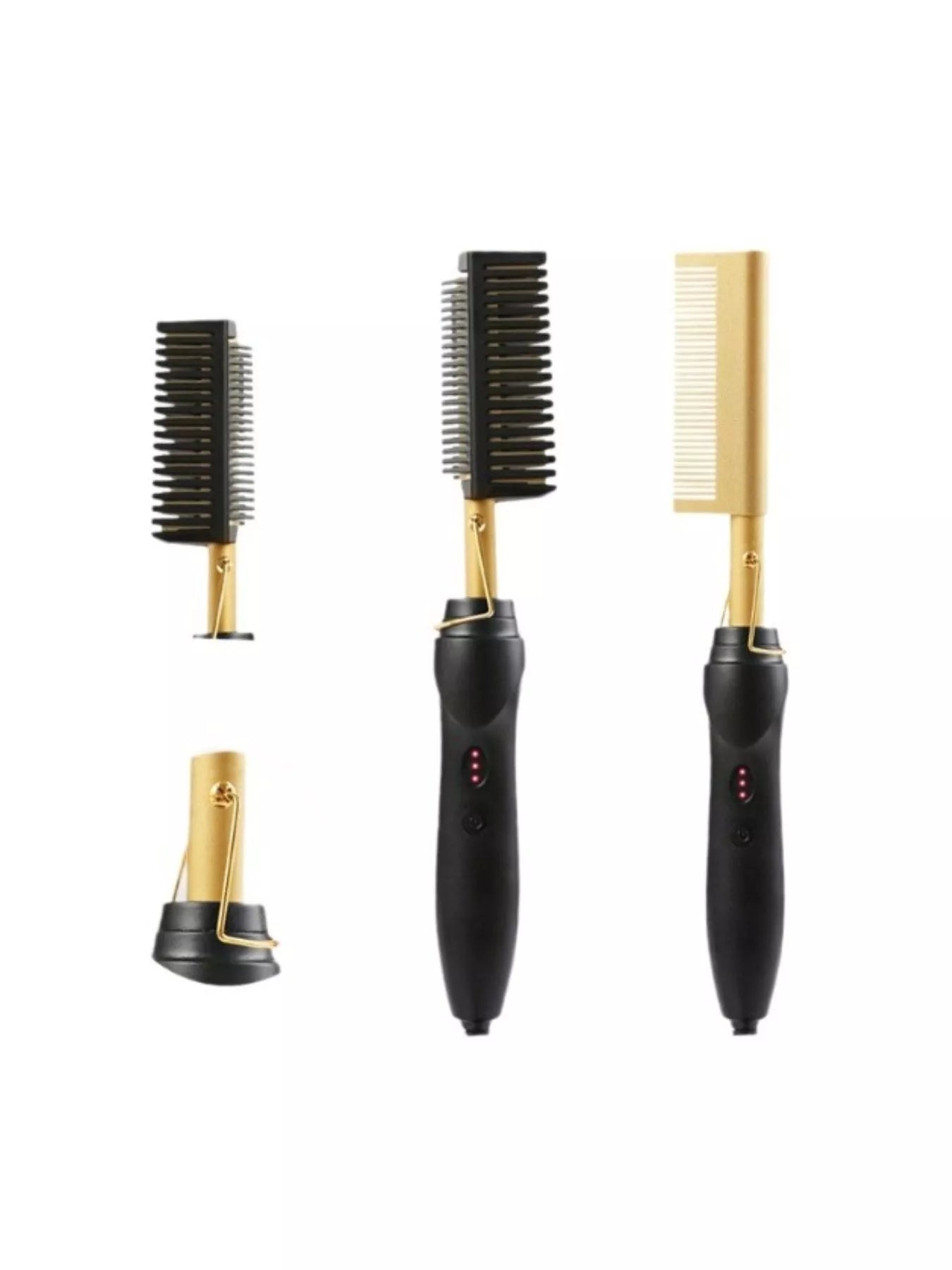 Trendsi 2-in-1 curling and straightening hair brush with gold finish and European plug, designed for versatile hair styling.