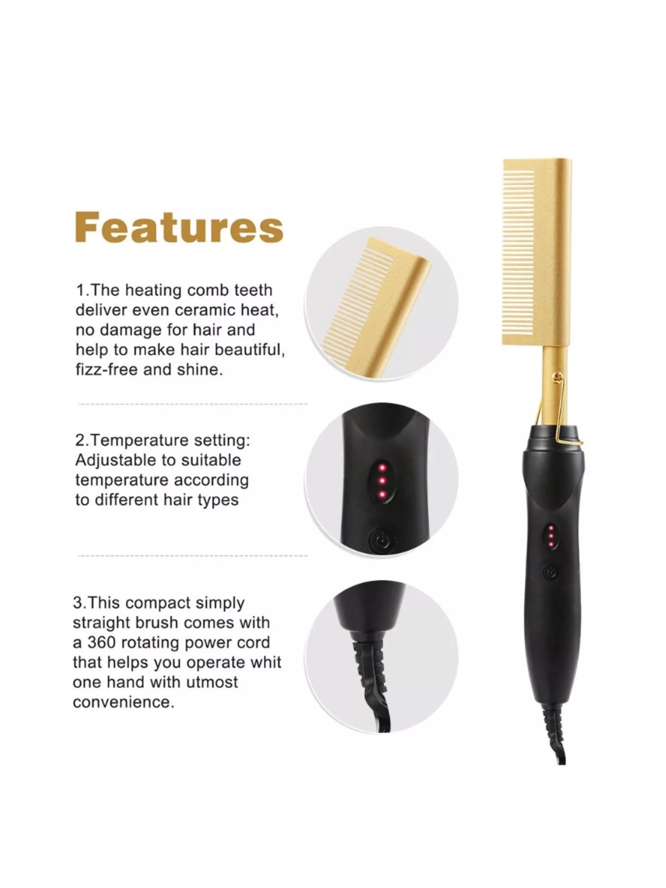 Trendsi 2-in-1 curling and straightening hair brush with gold finish, European plug for versatile styling and easy use.