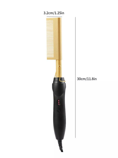 Trendsi 2-in-1 curling and straightening hair brush with gold finish, European plug, designed for versatile hair styling.