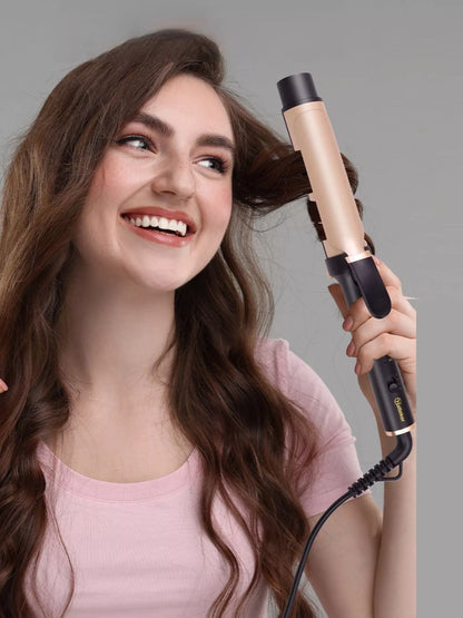 Trendsi adjustable temperature gold curling iron with European plug and ergonomic handle for versatile styling.