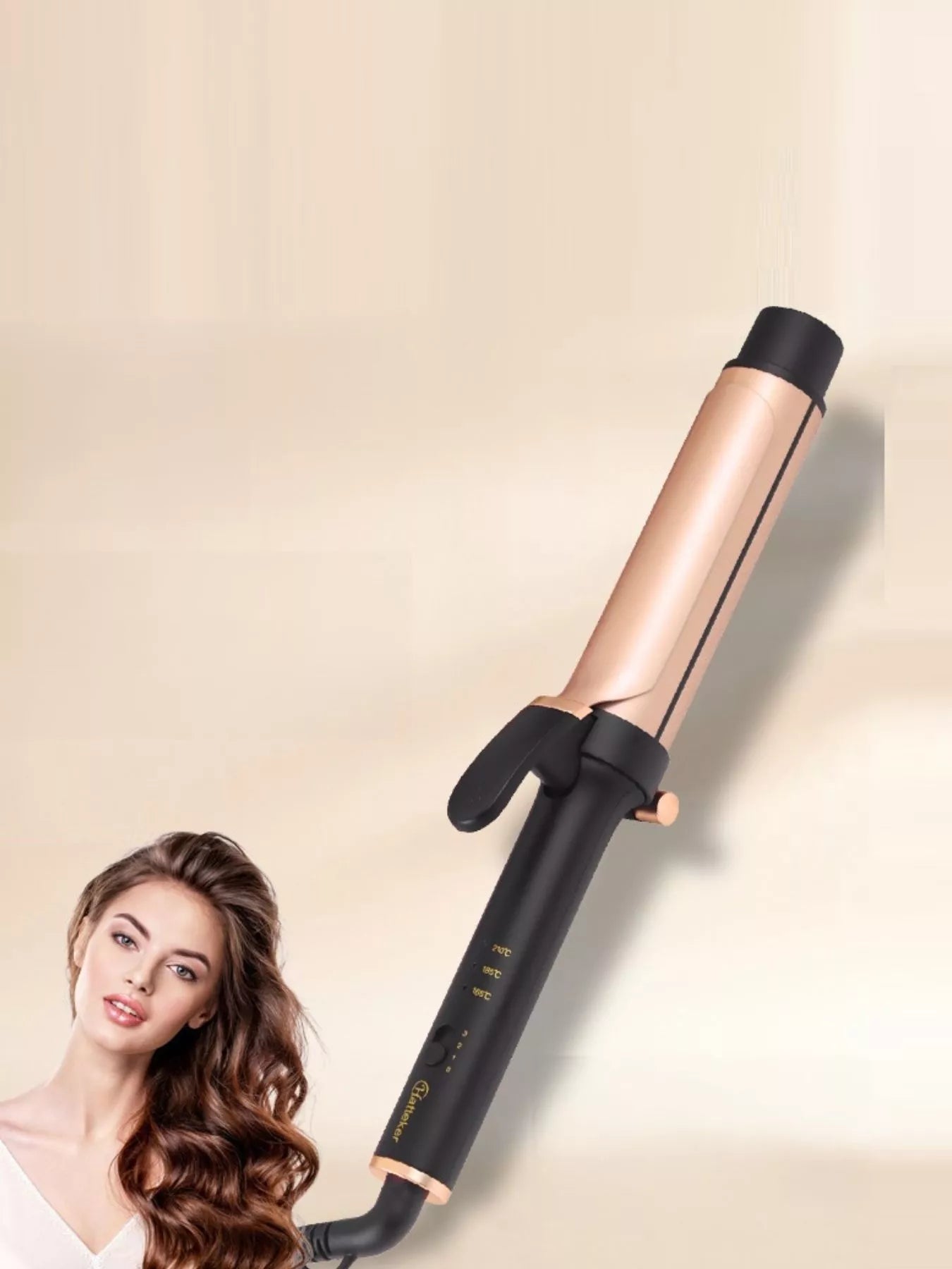 Gold adjustable temperature curling iron with European plug by Trendsi, designed for versatile hair styling.