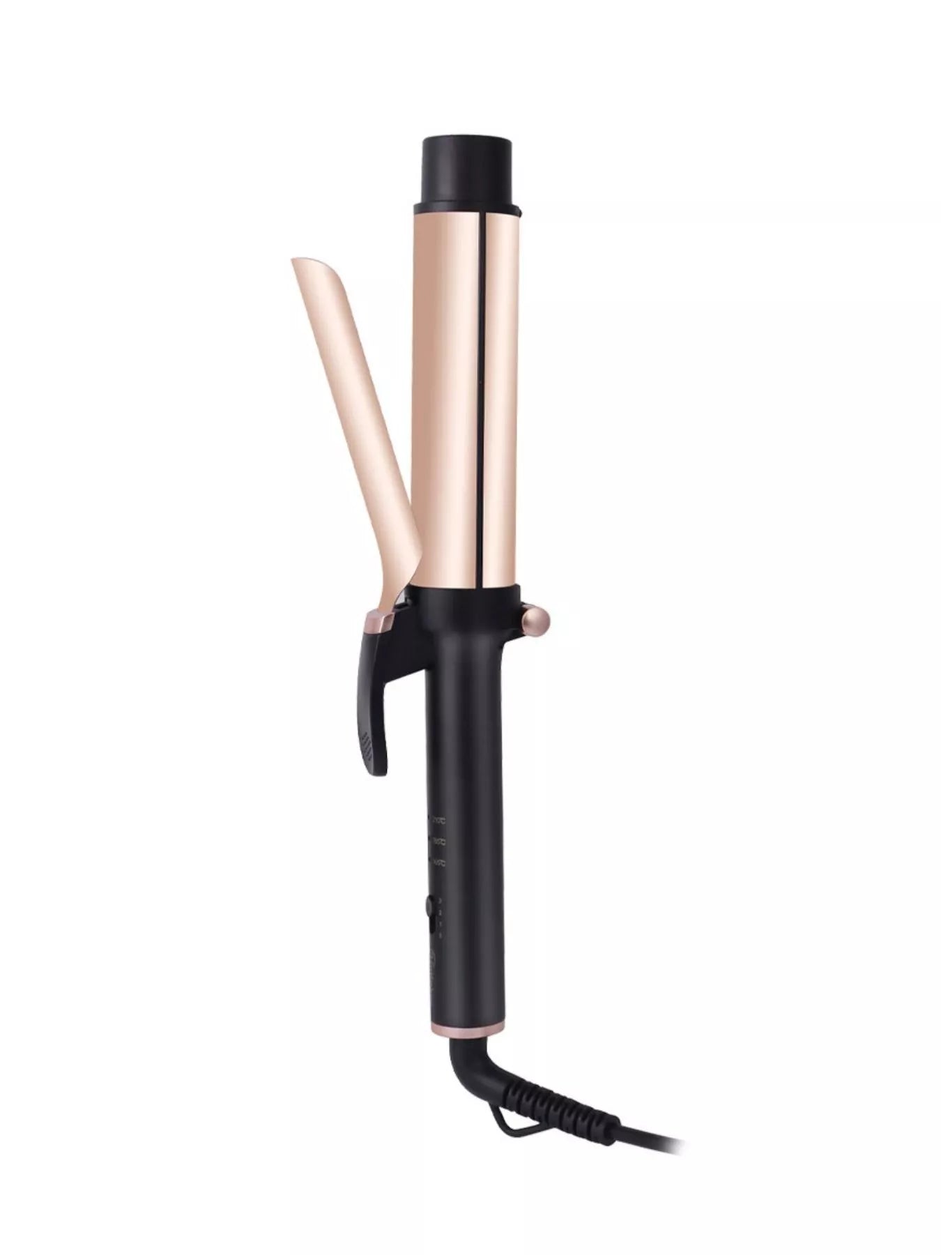 Gold adjustable temperature curling iron with European plug from Trendsi, showing the curling barrel and control dial.
