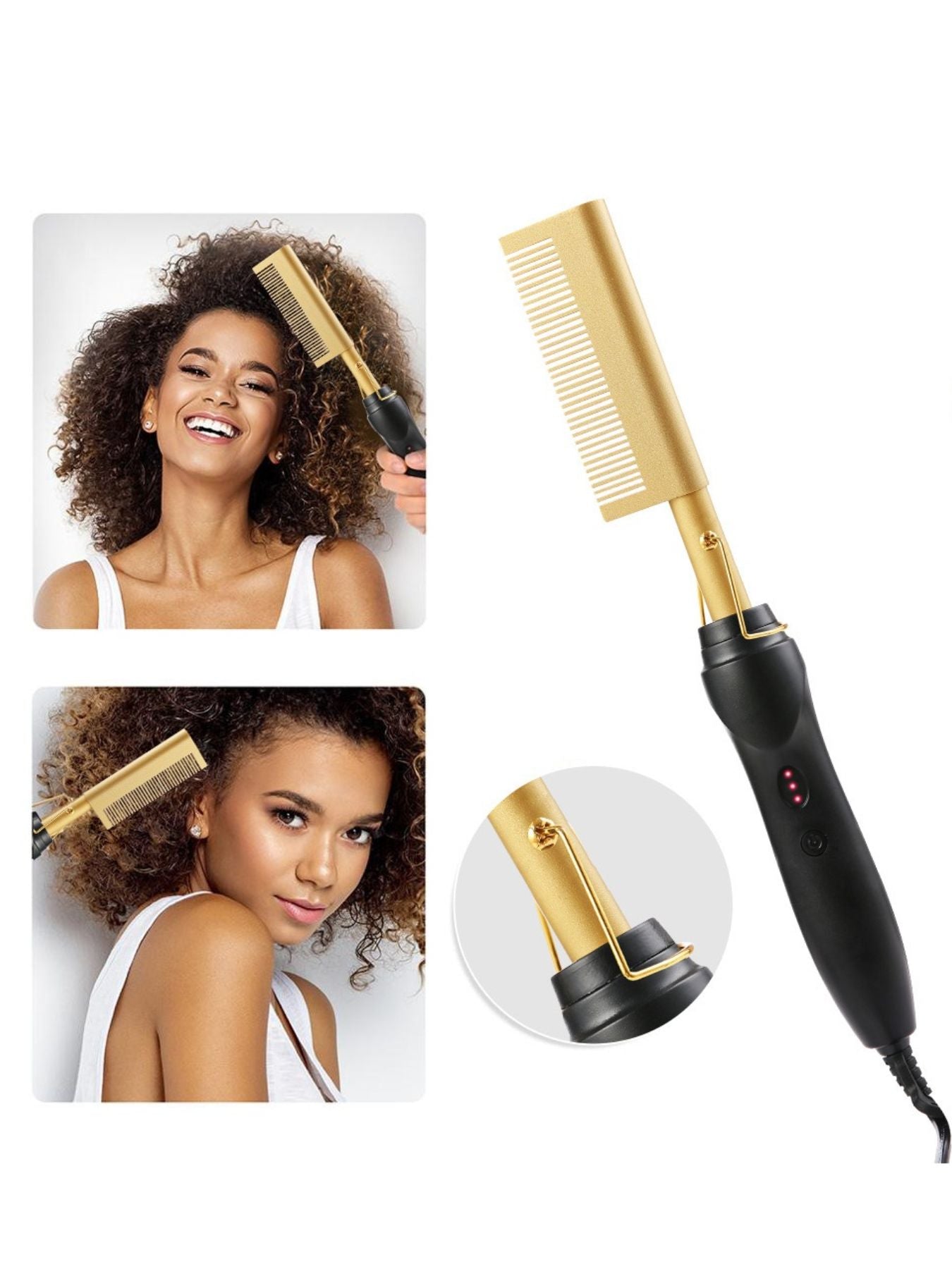 Gold heated hair straightening comb by Trendsi with European plug, showcasing sleek design and heated ceramic plates for styling.