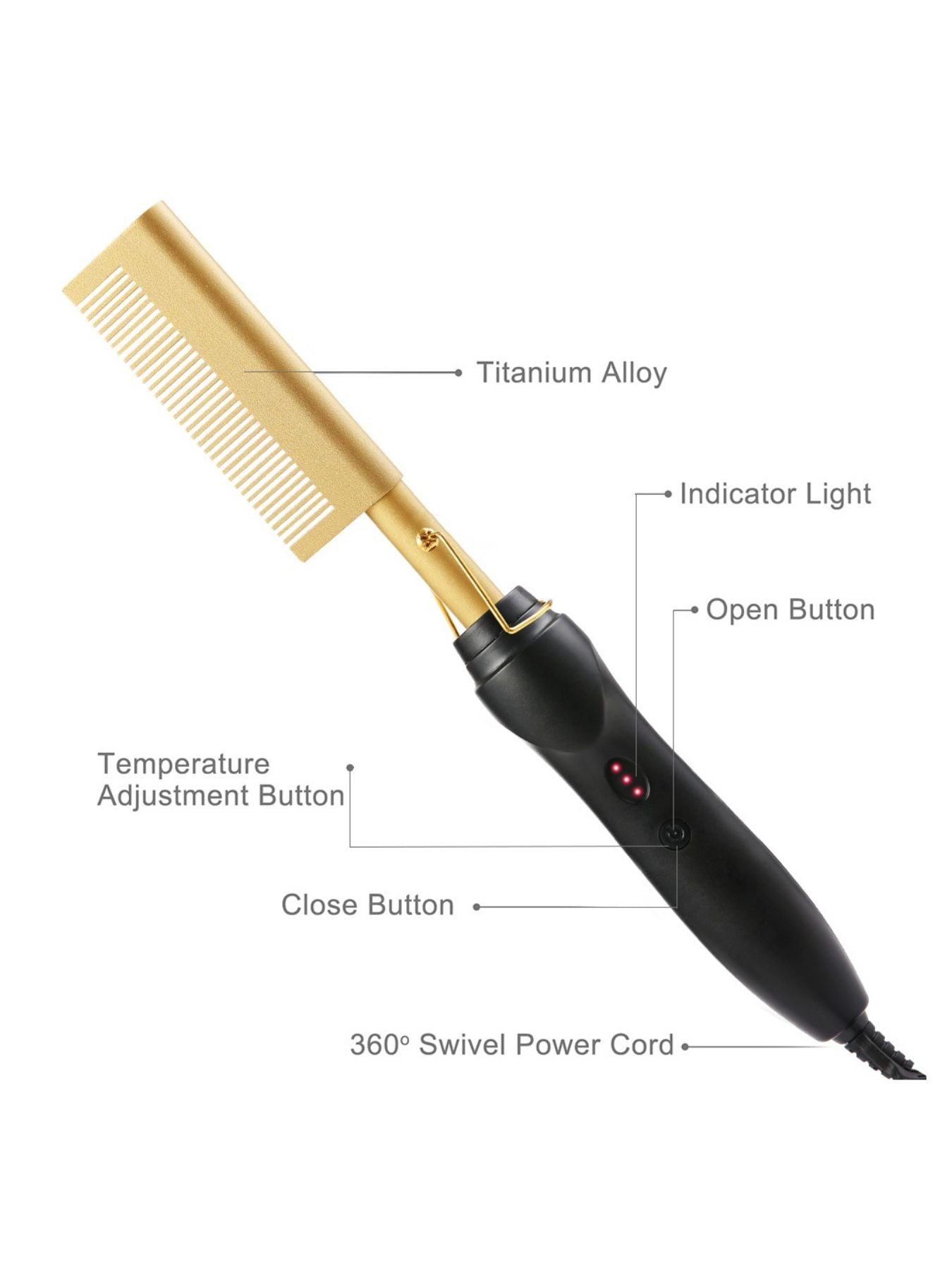 Gold heated hair straightening comb by Trendsi with European plug, designed for easy styling and sleek straight hair.