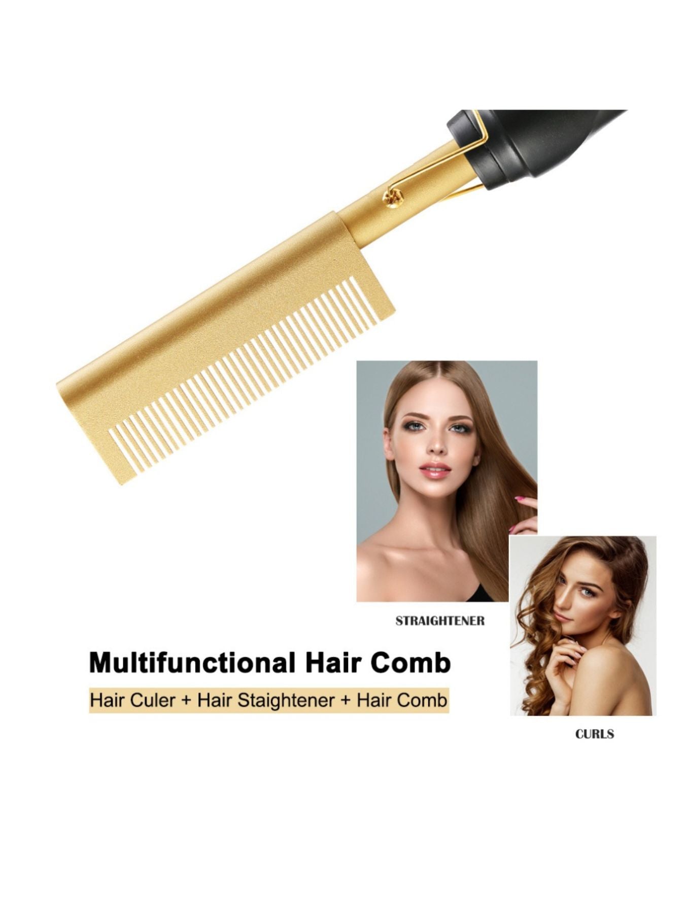 Gold heated hair straightening comb by Trendsi with European plug, designed for smooth, sleek hair styling.