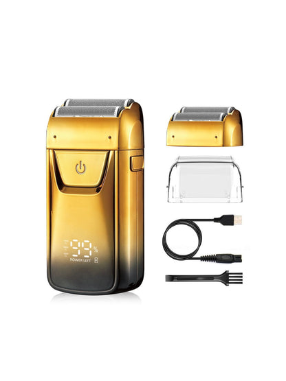 Gold Trendsi electric shaver with LED display and one-size design, showing sleek body and grooming head.