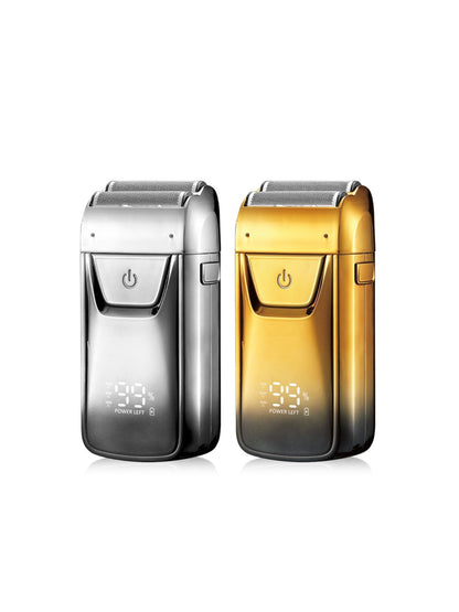 Gold electric shaver with LED display from Trendsi, showcasing a sleek design and adjustable settings for a close shave.