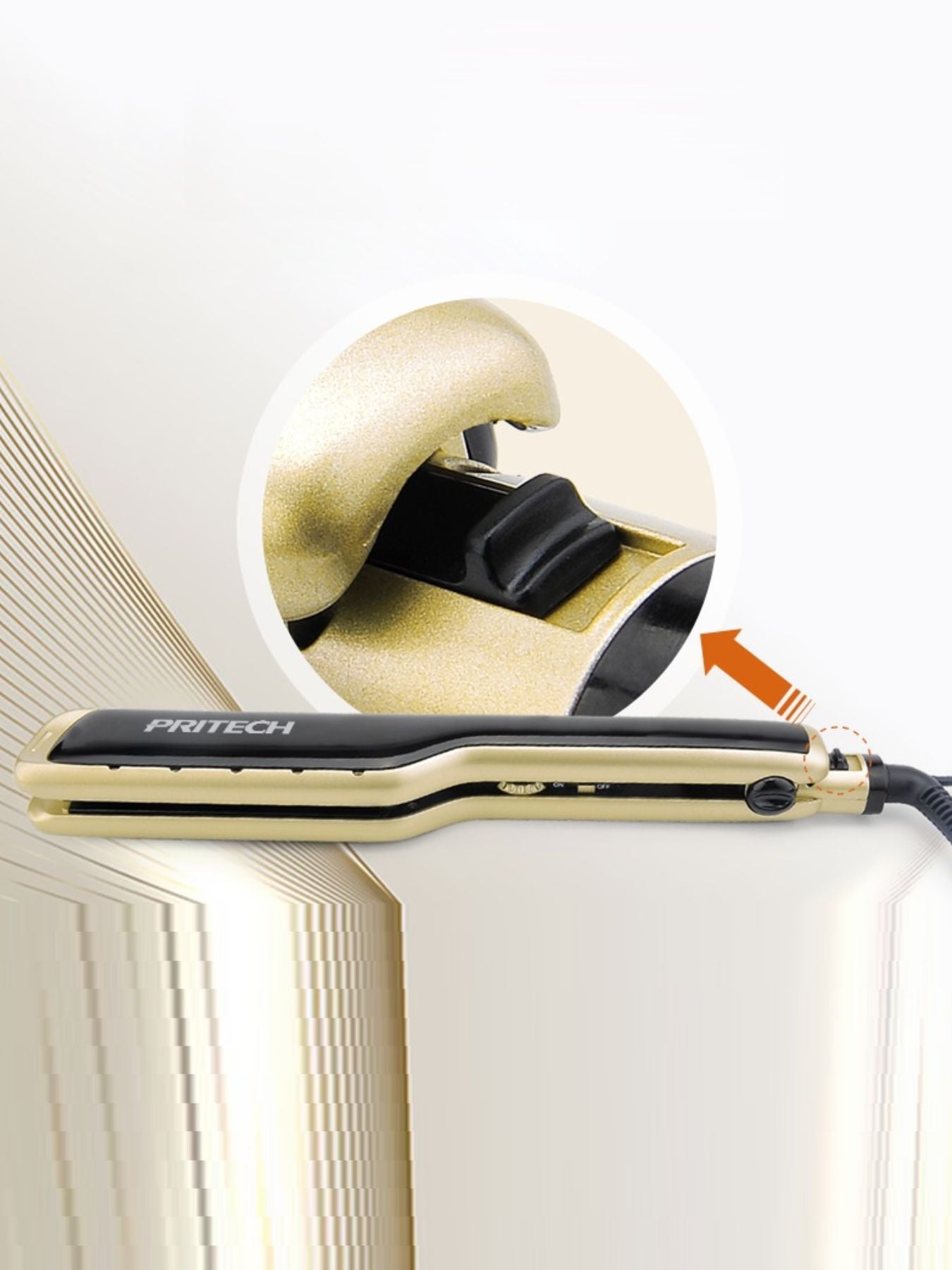 Gold Trendsi fast heating hair straightener with sleek design and ceramic plates for smooth, shiny hair styling.