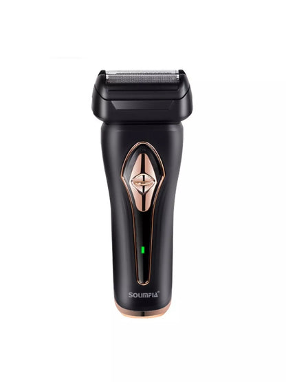 Gold portable electric shaver by Trendsi, compact design with a sleek finish for on-the-go grooming.