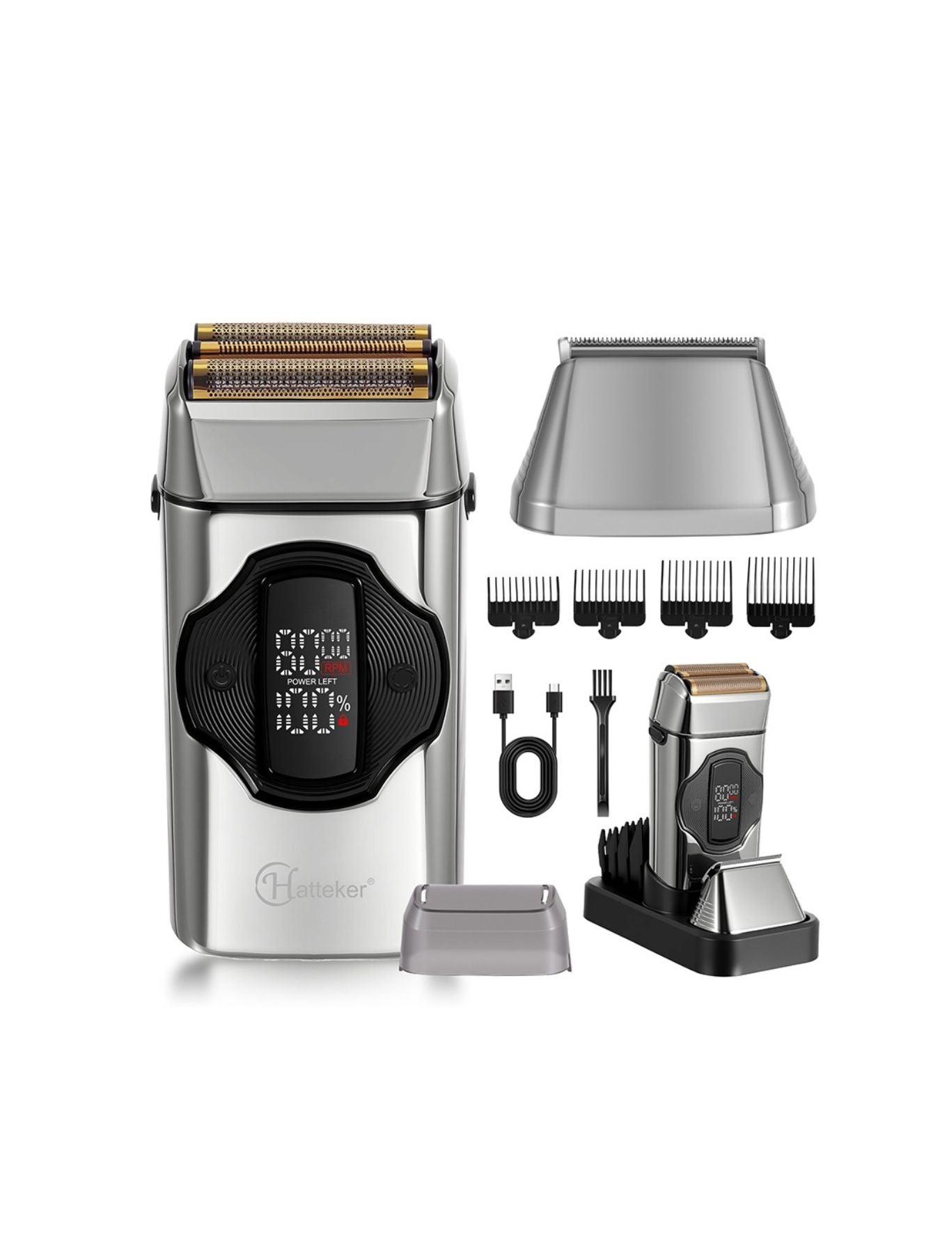 Trendsi gold rechargeable electric shaver with ergonomic handle and multiple shaving heads for smooth, close grooming.