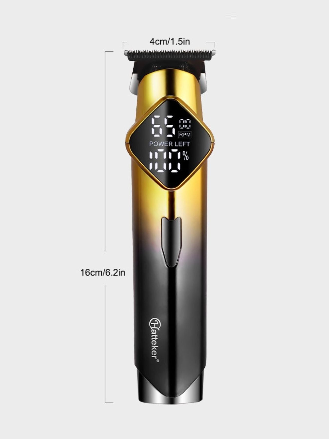 Gold cordless hair clipper from Trendsi with LED display, lightweight design, and adjustable blades for precise hair cutting.
