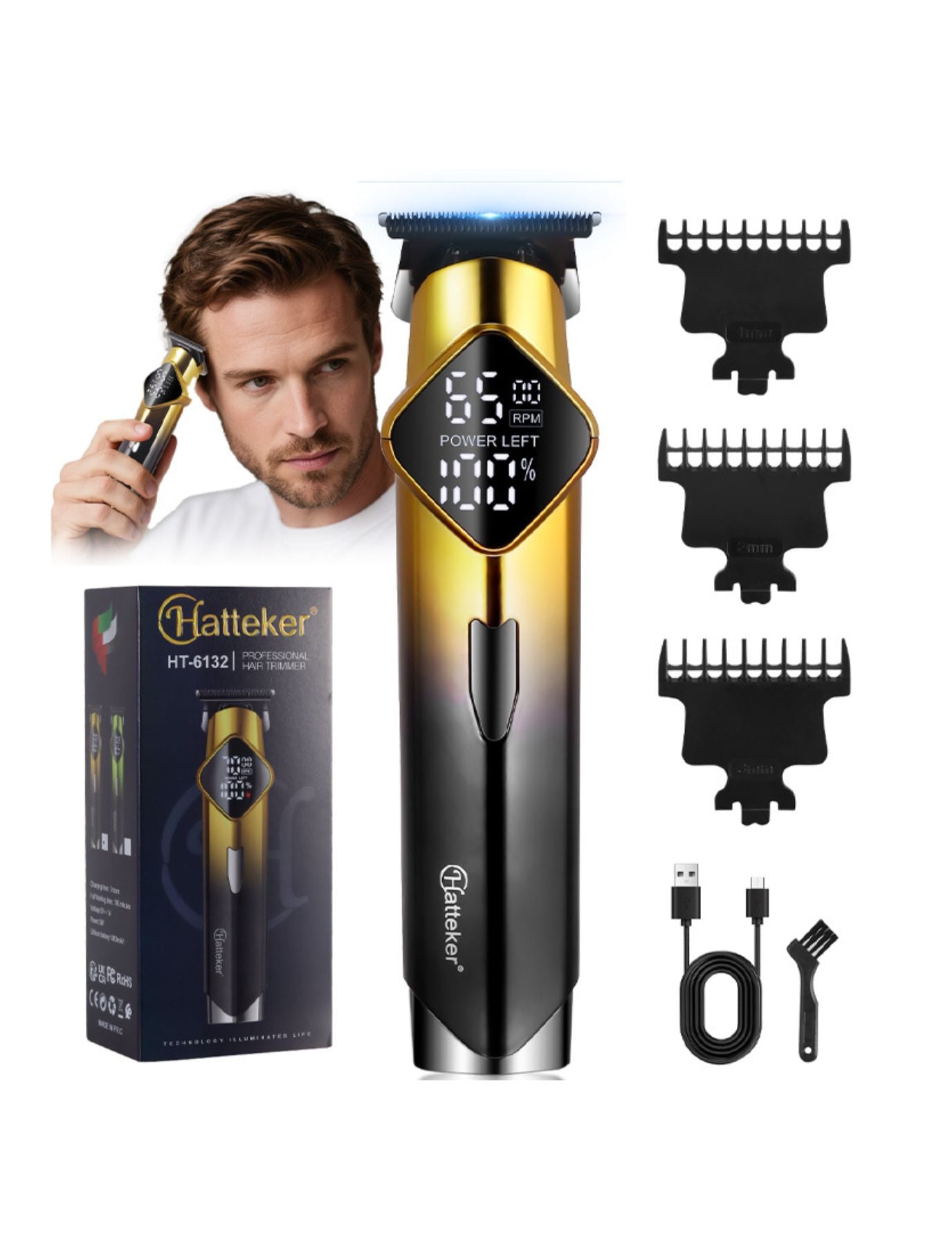 Gold cordless hair clipper from Trendsi with LED display, showing adjustable blades and ergonomic design for easy hair trimming.