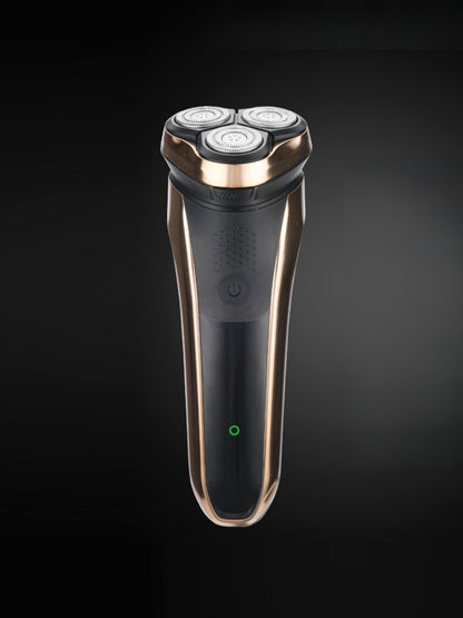 Gold Trendsi cordless rotary shaver with multiple rotary blades and ergonomic handle for close, comfortable shaving.