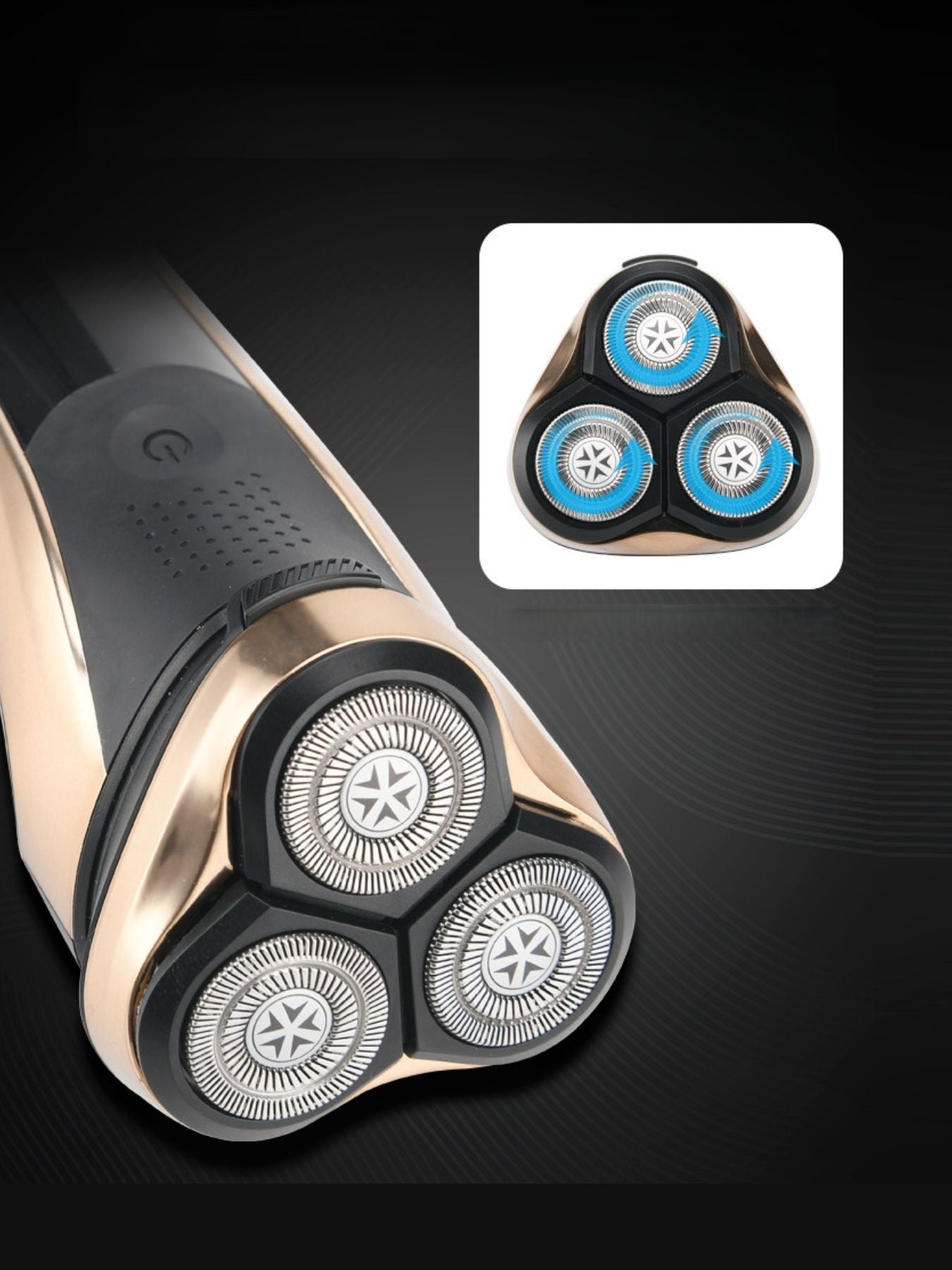Gold Trendsi cordless rotary shaver with ergonomic handle and multiple rotary blades for smooth, close shaving.
