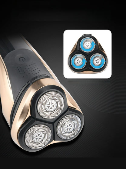 Gold Trendsi cordless rotary shaver with ergonomic handle and multiple rotary blades for smooth, close shaving.