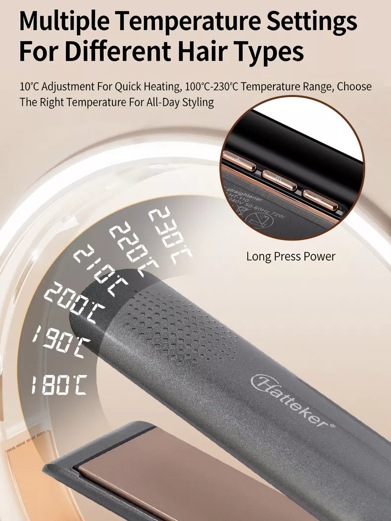 Gold curling and straightening hair iron with temperature control from Trendsi, shown with sleek design and adjustable settings.